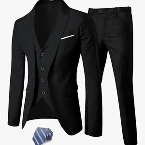 Men's 3 Piece Black Suit With Tie, Jacket, Vest, Pants, Blue Stripe Tie, XL